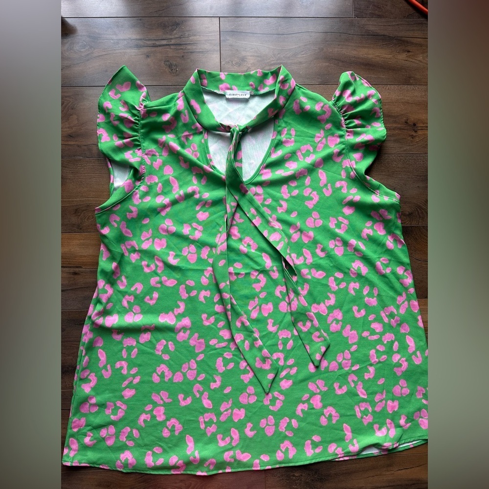 First Love Green Pink Leopard Blouse Puff Sleeve Preppy Chic Top